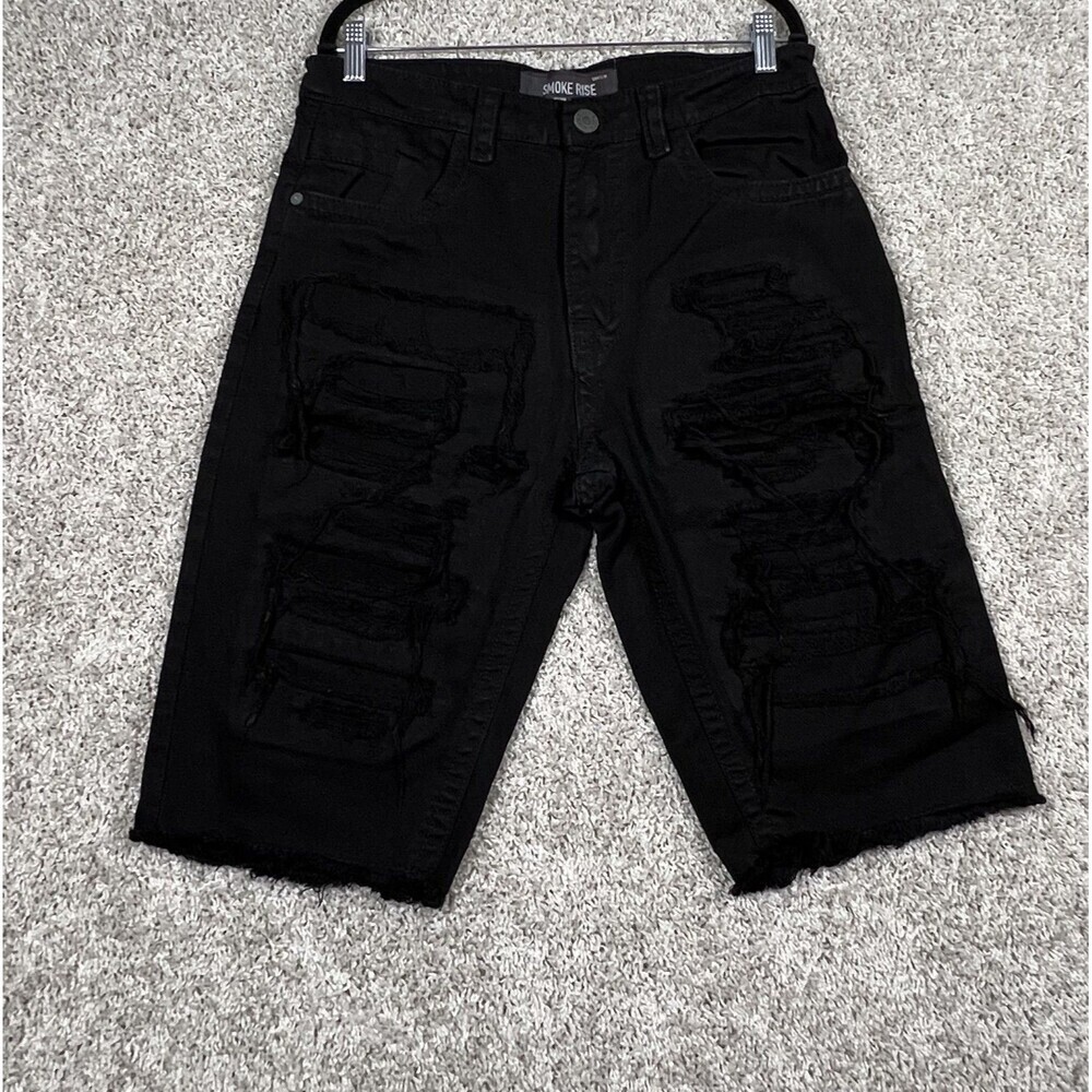 Smoke Rise Black Distressed Denim Shorts Mens 34 Ripped Raw Hem Streetwear